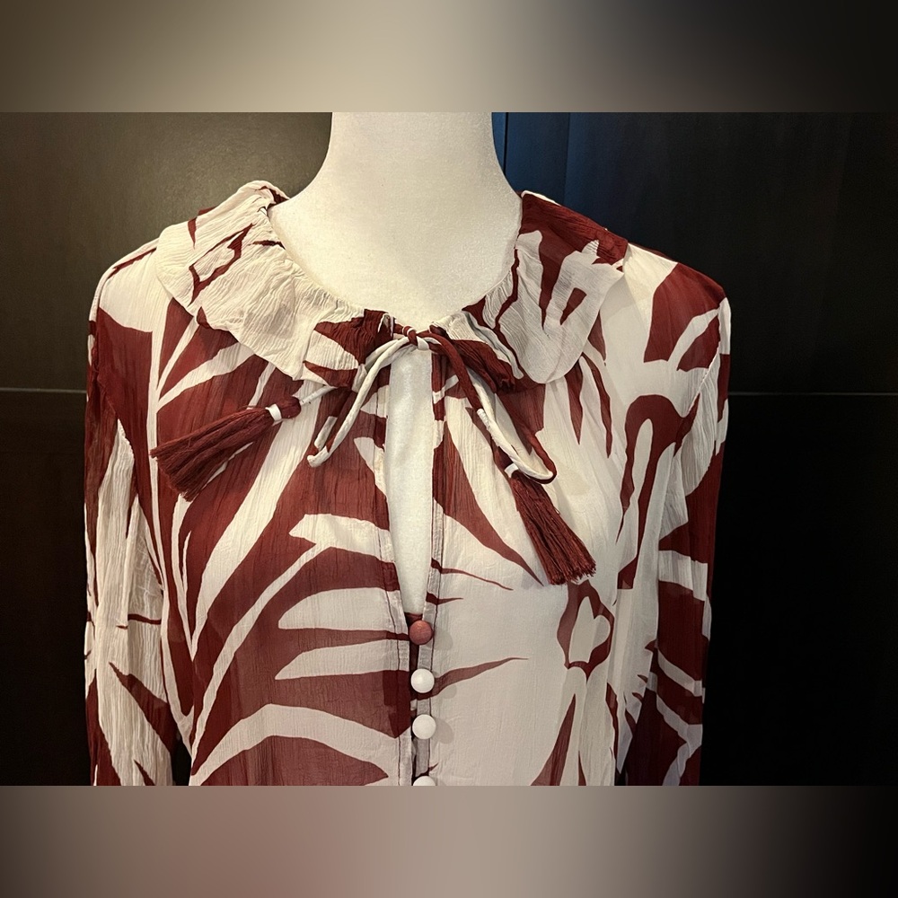 Anthropologie Marais Chiffon Mini Dress w/ ruffled skirt. Maroon, white. L-XL - Picture 7 of 15